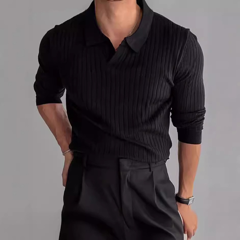 Light Mature Wind Spring and Autumn New South Korea Men's Solid Color Thread Elastic Lasel Pullover Slim-fit Knitwear T-shirt Men's