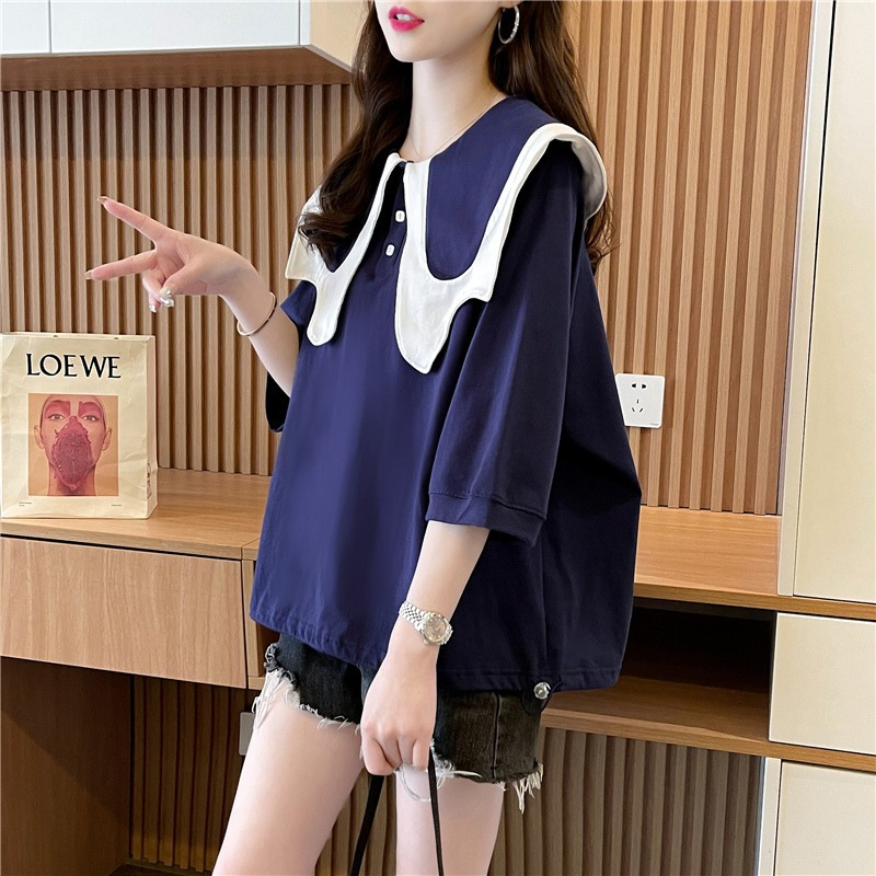 Summer short-sleeved T-shirt women's fashionable relaxed-fit casual navy collar top