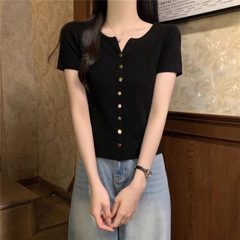 新款纯欲风V领短款上衣女甜美时尚显瘦针织衫辣妹短袖T恤夏天上衣