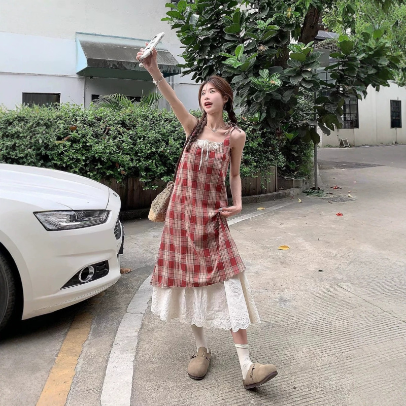【Welcome Sign】Red Faux Two-Piece Plaid Lace Suspender Dress for Women, Summer Beach Vacation Style Long Dress 【Welcome Sign】Red Faux Two-Piece Plaid Lace Suspender Dress for Women, Summer Beach Vacation Style Long Dress