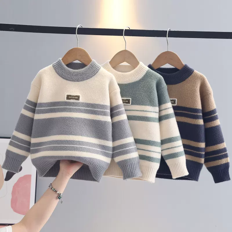 【鑫语婷】源头工厂批发新款男童针织打底衫圆领条纹套头儿童毛衣