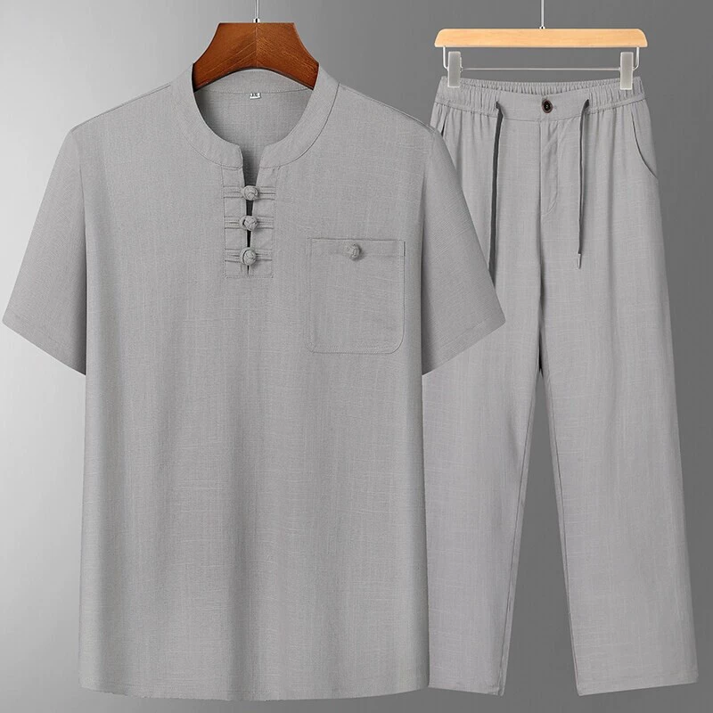 Летний костюм Тан из хлопка и льна для мужчин среднего и пожилого возраста, комплект с короткими рукавами, льняные длинные брюки Ханфу в китайском стиле, одежда для мирян P85