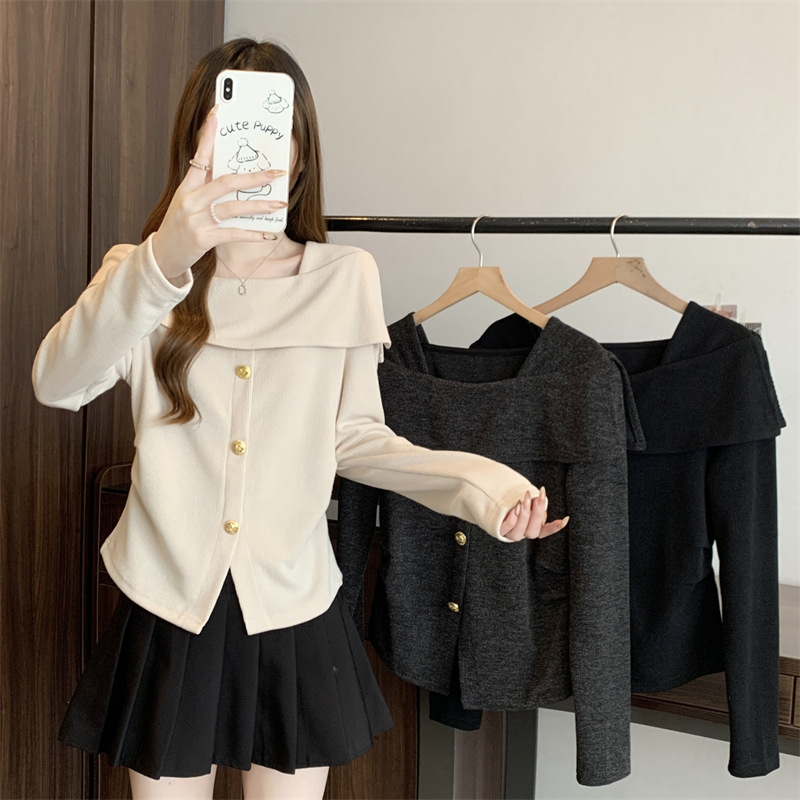Base body-friendly knitted black long-sleeve, large size (2024), fitted, open shoulders and long sleeves