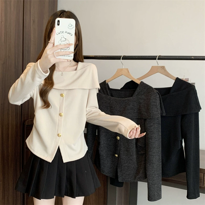 Base body-friendly knitted black long-sleeve, large size (2024), fitted, open shoulders and long sleeves