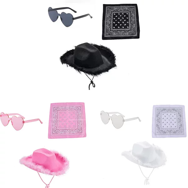 Explosions manufacturers spot feather edge Western cowboy hat peach heart glasses scarf three-piece non-woven styling hat