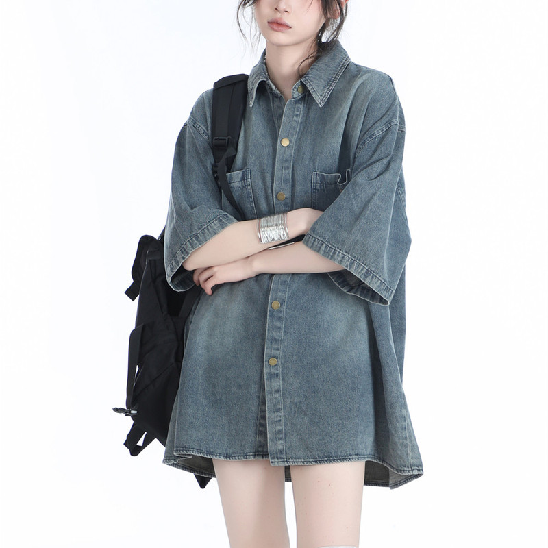 American Style Retro Heavy Industry Washed Mud Dye Denim Short Sleeve Shirt Women's Spring and Summer New Design Niche Loose Shirt