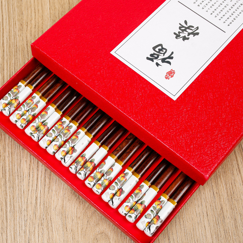 National Chaozhou Home Palillos de madera maciza, todo lo mejor, impresión, antideslizante, no fácil de mohosos, palillos de 24cm, 10 pares de cajas de regalo al por mayor