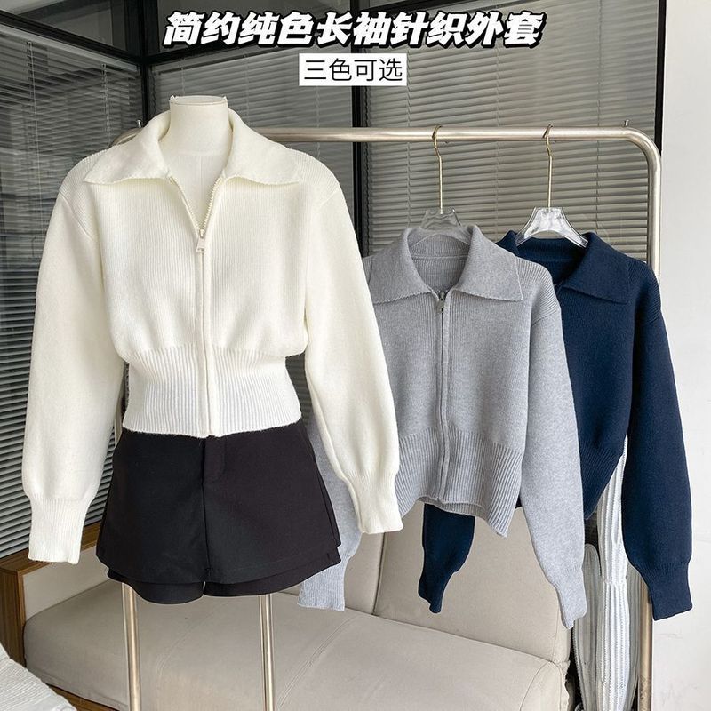 短款针织开衫翻领外套洋气修身春秋毛衣新款长袖设计拉链上衣|undefined