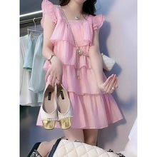 甜美初恋仙女蛋糕裙子2023夏季新款小清新方领飞飞袖森系连衣裙