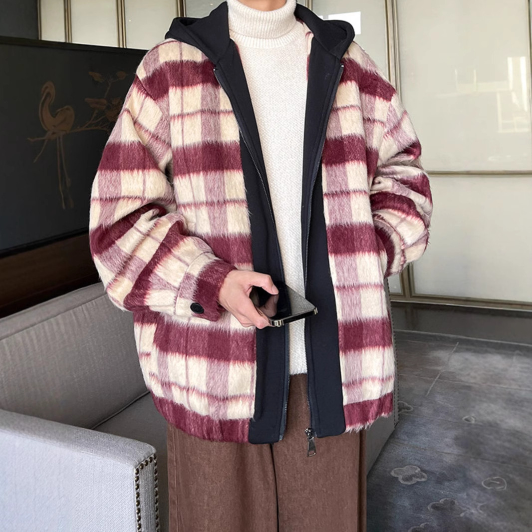 XIAO XIANG FENG은 가을과 겨울 가짜 투피스 작업 후드 재킷 한국 코트 코트로 남성과 여성을위한 격자 무늬 코트를 판매합니다.
