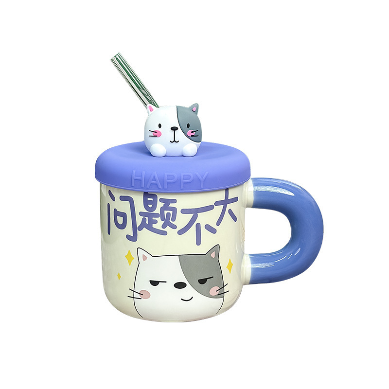陶磁器のかわいい熊のコップのストローカップの蓋付きストロー付き学生寮の寝室にはマグカップが必要です。|undefined