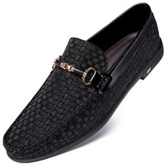 男圓頭頭層牛皮小皮鞋套腳增高4CM低跟商務休閒男式休閒百搭