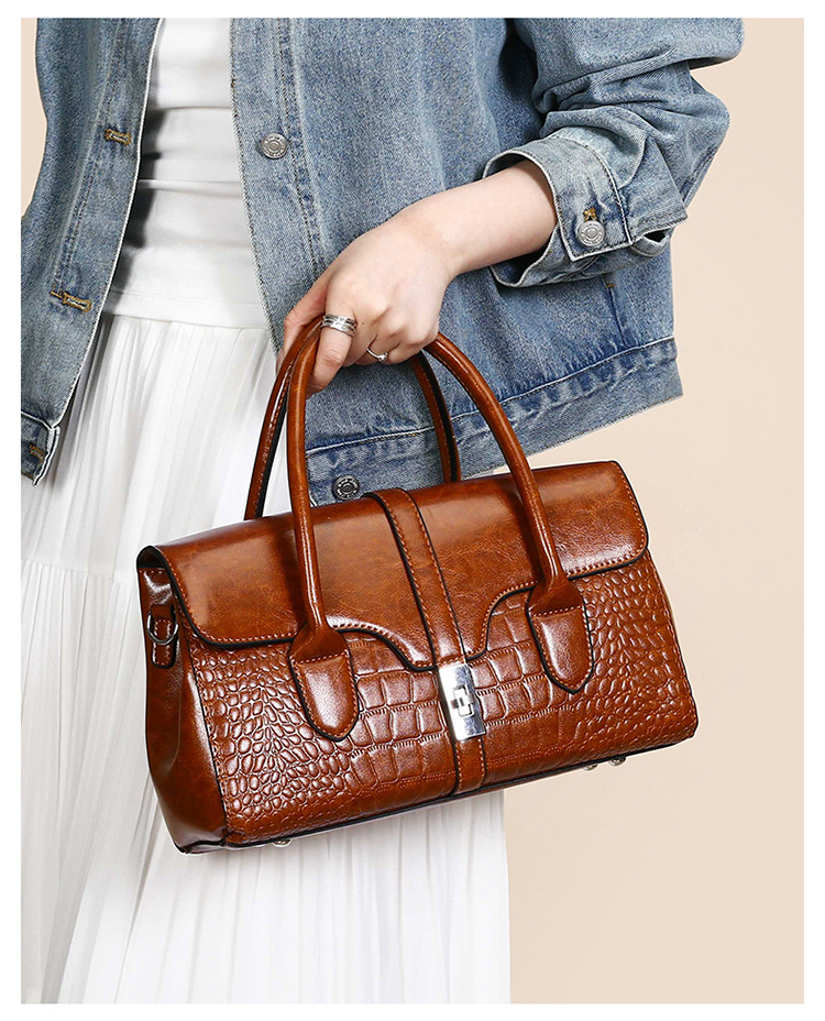 Elegant Crocodile-Pattern PU Shoulder Bag – Vintage-Inspired Medium Tote With Dual Straps & Zipper Closure_voghion.com