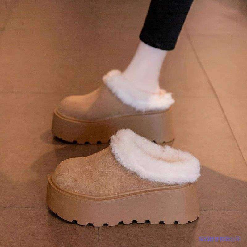 Thick-Soled Height-Increasing Furry Slippers for Women's Outer Wear 2025 Autumn and Winter New Style Fleece-Lined Snow Boots Birkenstock Lazy Toe-Cap Cotton Slippers