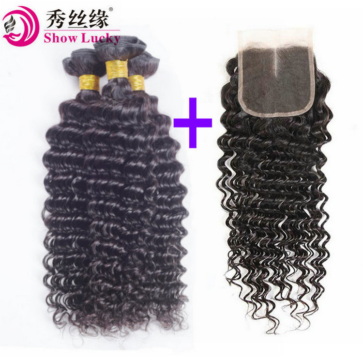 Cabello humano de onda profunda con cierre de encaje 4 * 4