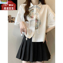 大码新中式国风刺绣白色短袖T恤衬衫女夏季胖mm显瘦遮肚短款上衣