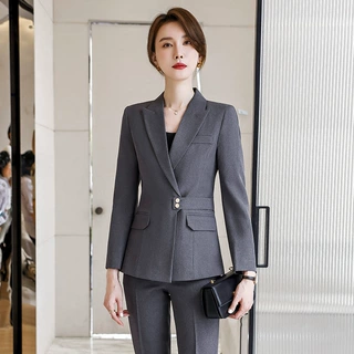 YWZ9903职业套装秋冬季灰长袖西装外套女裤子裙子三件套装工作服