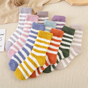 Candy color striped coral velvet socks women's home floor socks sleep mid-tube socks autumn and winter women's socks wholesale cross-border
