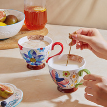 xyt釉下手绘陶瓷女马克杯子大容量燕麦杯早餐杯微波炉带勺礼物