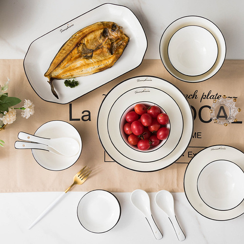  new dish set Nordic style household ceramic tableware simple rice bowl plate soup noodle bowl microwaveable
