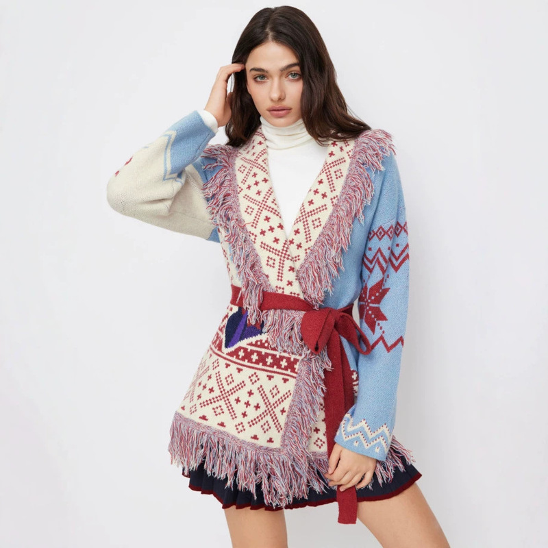 European and American Christmas Jacquard Sweater Cardigan, Vintage Autumn-Winter Tassel Knit Women's Mid-Length Loose Collar Sweater Coat