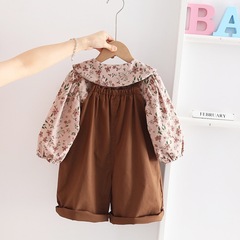 2024春季新款女童碎花襯衫長袖女寶休閒吊帶背帶褲兩件套廠家批發