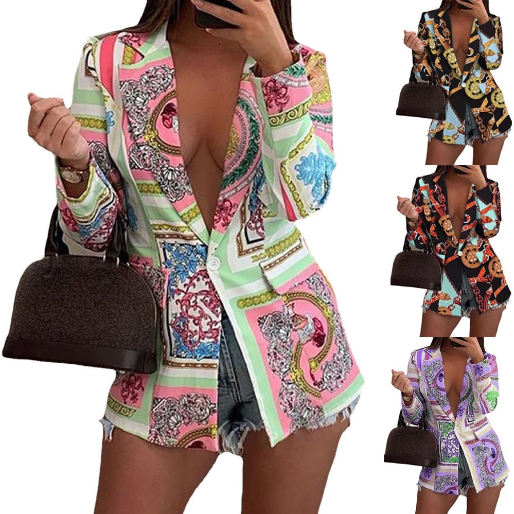 2024 Autumn/Winter New European and American Style Women's Printed Blazer Jacket Cross-Border Wish Amazon Painted Long Sleeve
