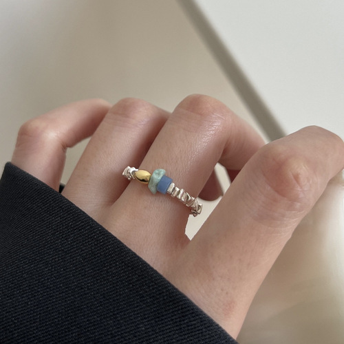 Ins blogger's style broken silver ring for women, minimalist and niche, crystal and pearl S925 silver elastic ring for index finger