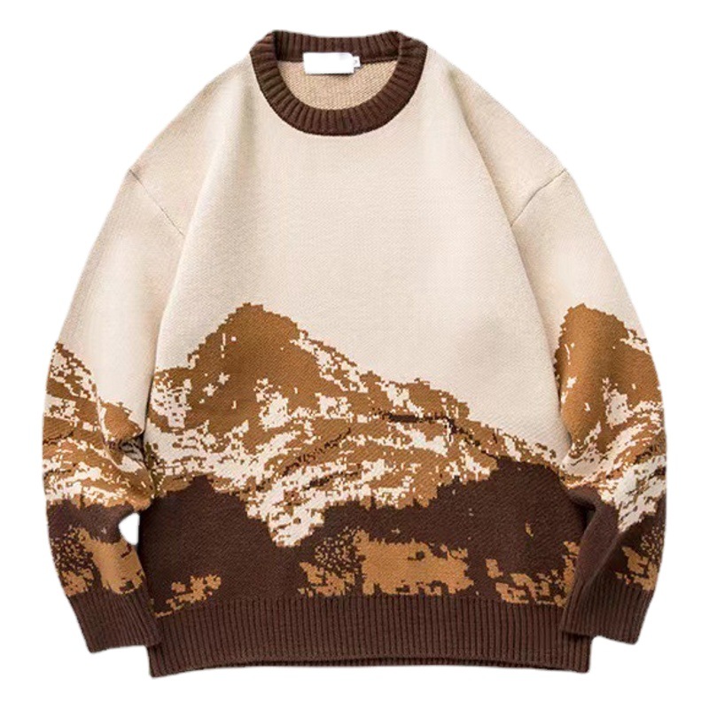 Venta directa de fábrica Otoño e Invierno tie-teñido nieve montaña moda marca cuello redondo suéter de los hombres suéter suelto Hong Kong estilo suéter