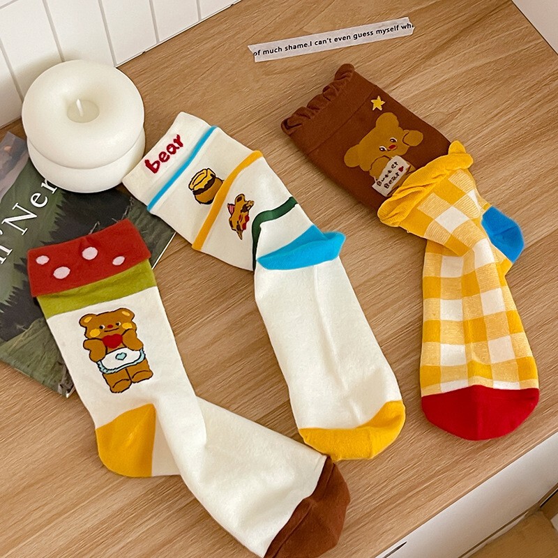 24 Autumn New Style Socks South Korea Cartoon Butter Bear Women Mid-size Socks Sweet Cute Hamburger Women Socks Cotton