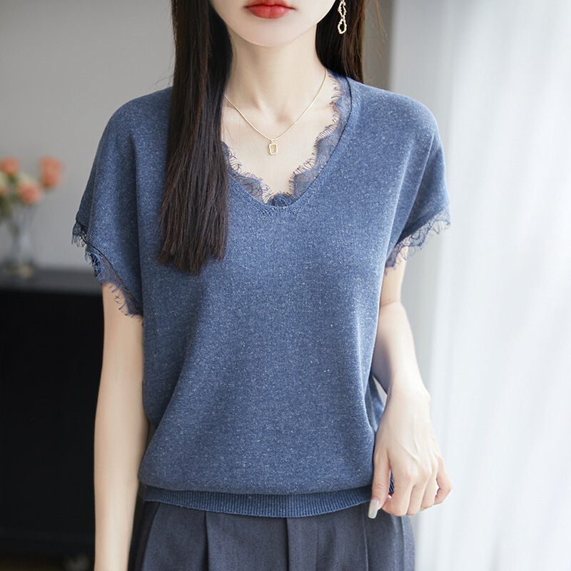 25 Spring and Summer New French-Style V-Neck Tencel Linen Lace Trim Loose Slimming Short-Sleeve T-Shirt Thin Base Shirt