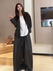 大码胖韩系慵懒休闲条纹开衫外套女秋季内搭背心上衣两件套装