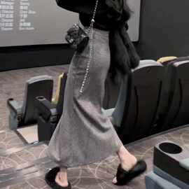 韩版高腰半身裙女2025春秋新款气质温柔性感格纹包臀开叉鱼尾长裙