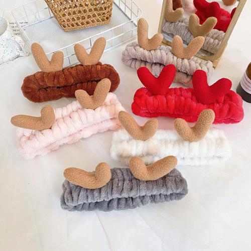 Direct Supply from Manufacturer Korean Version Lady Face Cleansing Bun Headband Cute Soft and Adorable Antler Hair Band Flannel Head Scarf Hair Accessory