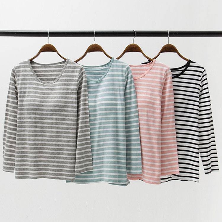 Cotton Pajamas Women's Autumn and Winter Striped Cup All-in-One Bra-Free Top Yoga Underwear Round Neck Long-Sleeved Outer Wearing Top Cotton Pajamas Women's Autumn and Winter Striped Cup All-in-One Bra-Free Top Yoga Underwear Round Neck Long-Sleeved Outer Wearing Top
