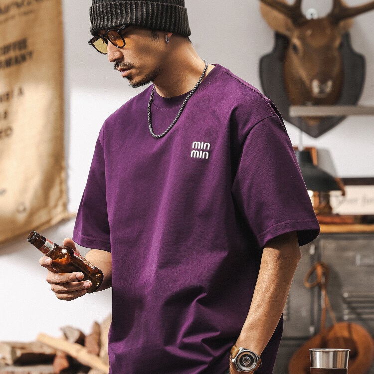 American Retro 300g Heavyweight Cotton T-Shirt Men's Summer Short-Sleeved 2025 New Trendy Purple Dopamine Top