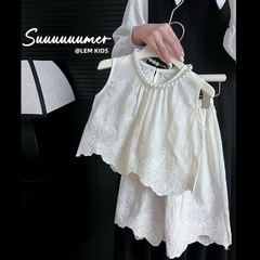 2024新款女童女寶寶高級夏天套裝韓版繡花蕾絲背心八分褲二件套潮