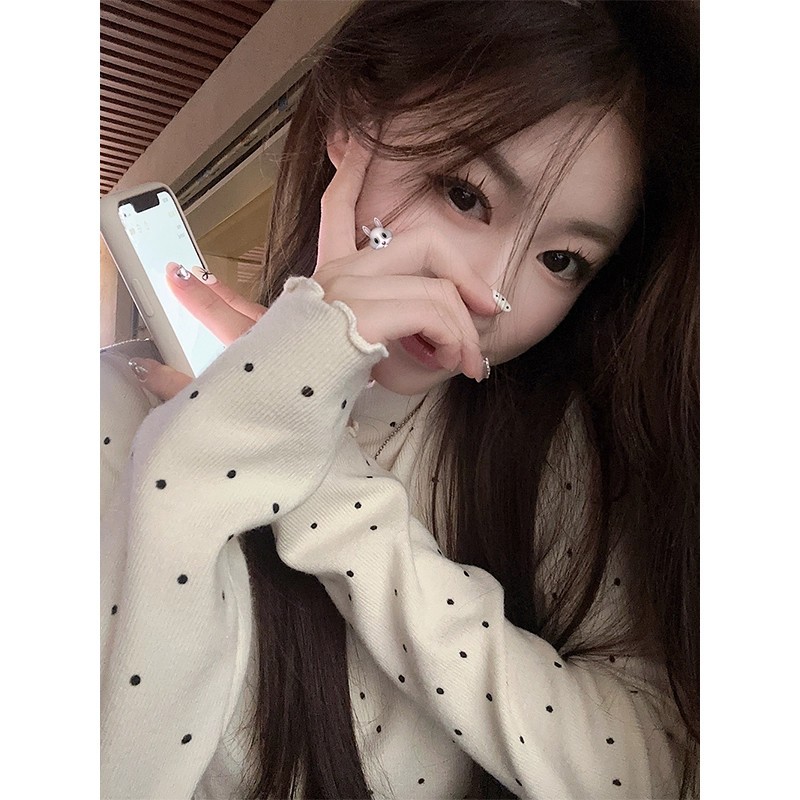 Korean-Style Sweet and Soft Polka Dot Base Layer Thermal T-Shirt for Women, 2025 Autumn New Versatile Slimming Top with Half-High Collar