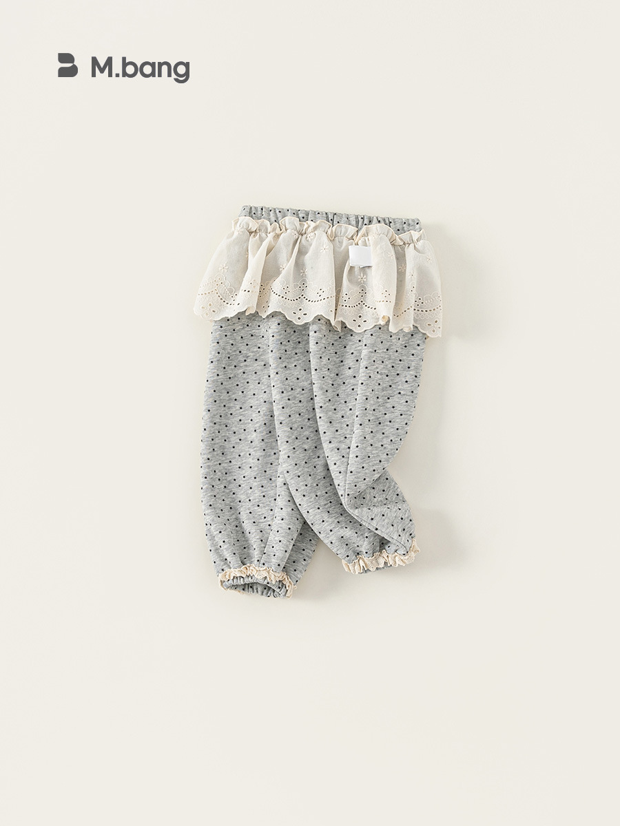 Ropa para niños Youbao, pantalones para niñas, estilo nuevo de primavera y otoño, pantalones deportivos de lunares de color liso para niñas pequeñas con ribete de encaje en la cintura y puños antimosquitos.