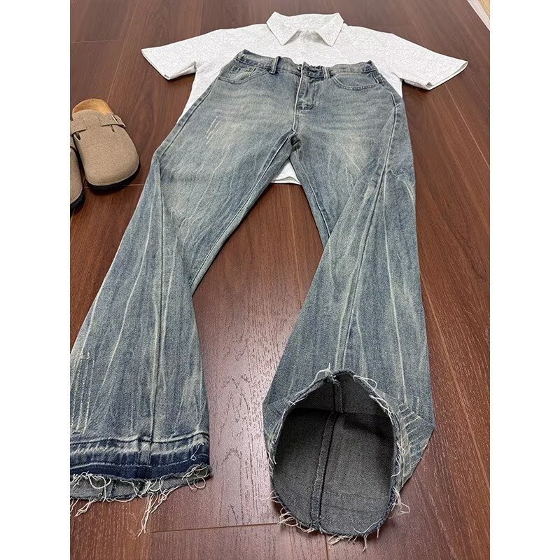 American Retro Washed Blue Jeans for Men, Spring and Autumn Design, High Street Trendy Brand, Straight Wide-Leg Flared Pants