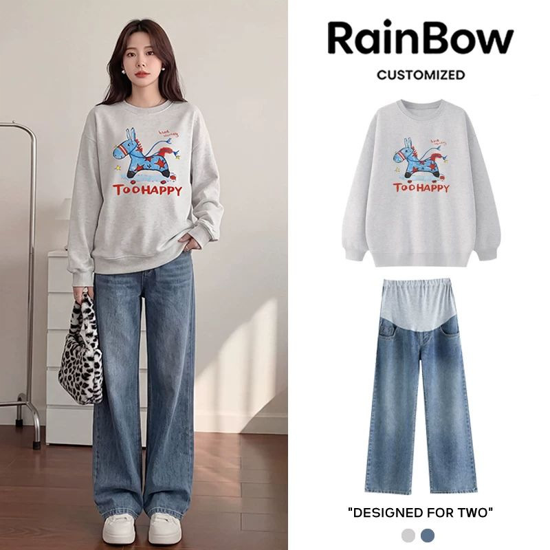 Maternity wear, autumn collection: a set of sweatshirts with a small horse print, 2026 new style for the Year of the Horse, featuring a loose, cute, and casual long-sleeved top for spring Maternity wear, autumn collection: a set of sweatshirts with a small horse print, 2026 new style for the Year of the Horse, featuring a loose, cute, and casual long-sleeved top for spring