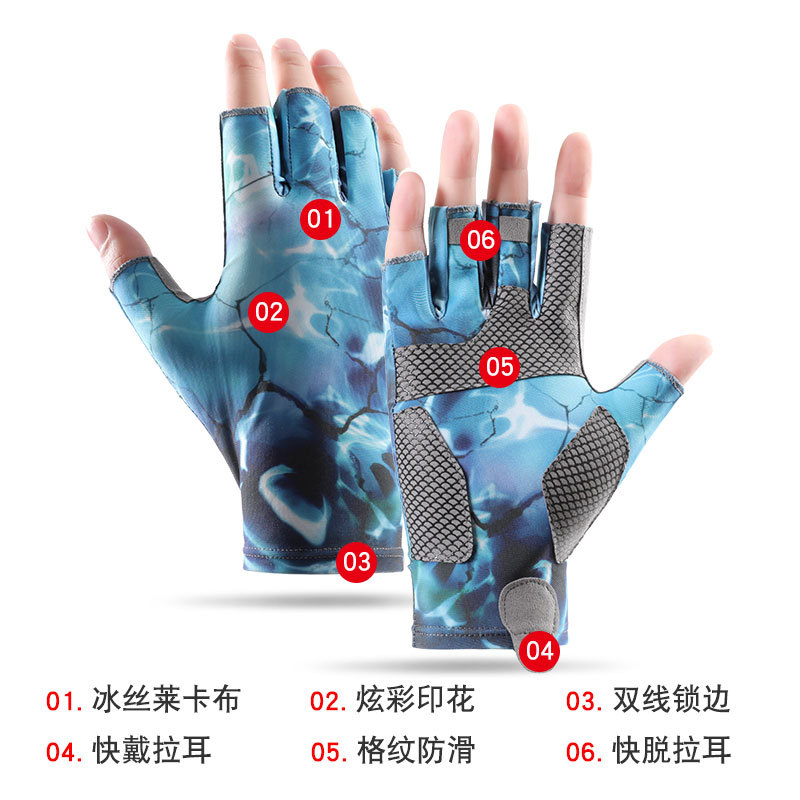 Guantes de pesca de los hombres de primavera y verano al aire libre de la pesca protección solar antideslizante resistente al desgaste camuflaje frío hielo seda medio dedo transpirable DY