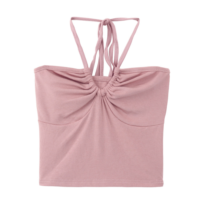 Summer Inner Design,Sexy Short Bottoming Top,Hong Kong Style Pure Lust Pink Halter Neck Camisole For Women