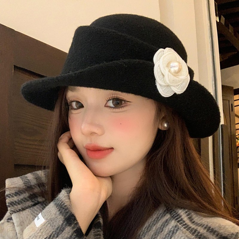 赫本风山茶花黑色珍珠礼帽女秋冬高级感千金帽子显脸小气质渔夫帽|undefined