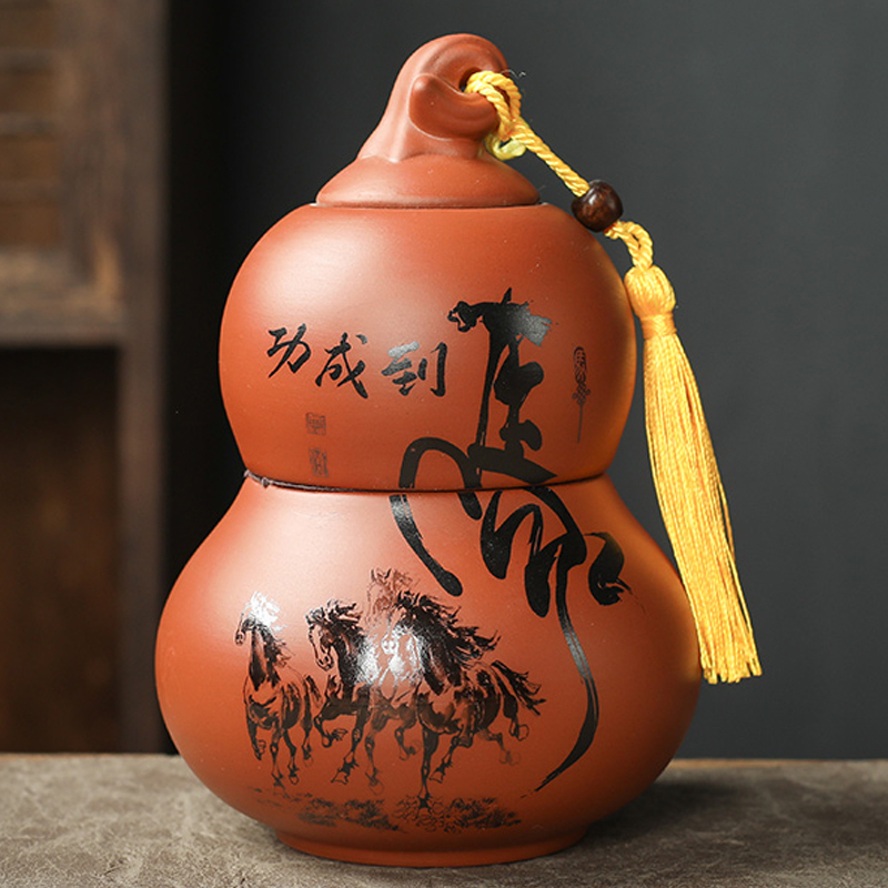 Popular Purple Clay Tea Canister, Large Sealed Gourd-Shaped Jar, Vintage Red and Green Pu'Er Chinese-Style Storage Jar, Wholesale from Manufacturer