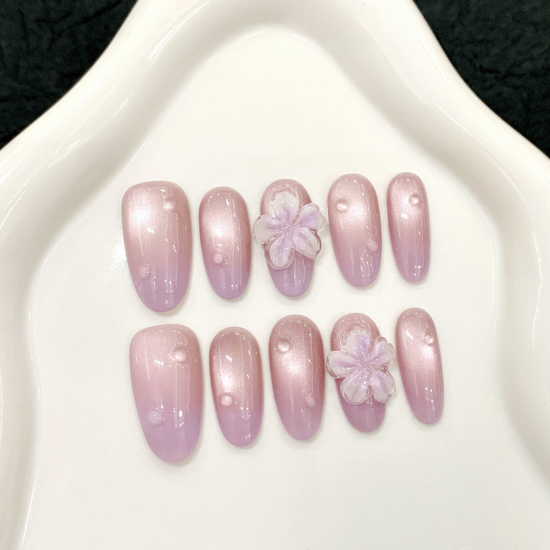 [Purple Ice Flower] Pure Desire Three-Dimensional Carved Gradient Cat's Eye Dew Drops Spring and Summer Removable Wearable Nail Art Patch