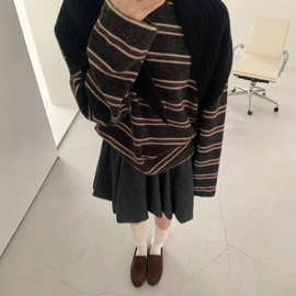 源头工厂 复古条纹圆领长袖t恤女秋季慵懒风宽松百搭卫衣韩系OOTD