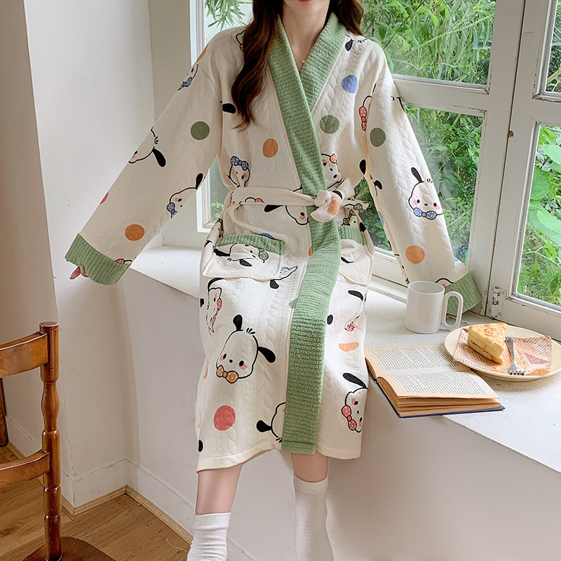 Autumn and Winter Nightgown Ladies Cute Cartoon Kimono Long Bathrobe New Sweet Thickened Air Cotton Sandwich Pajamas
