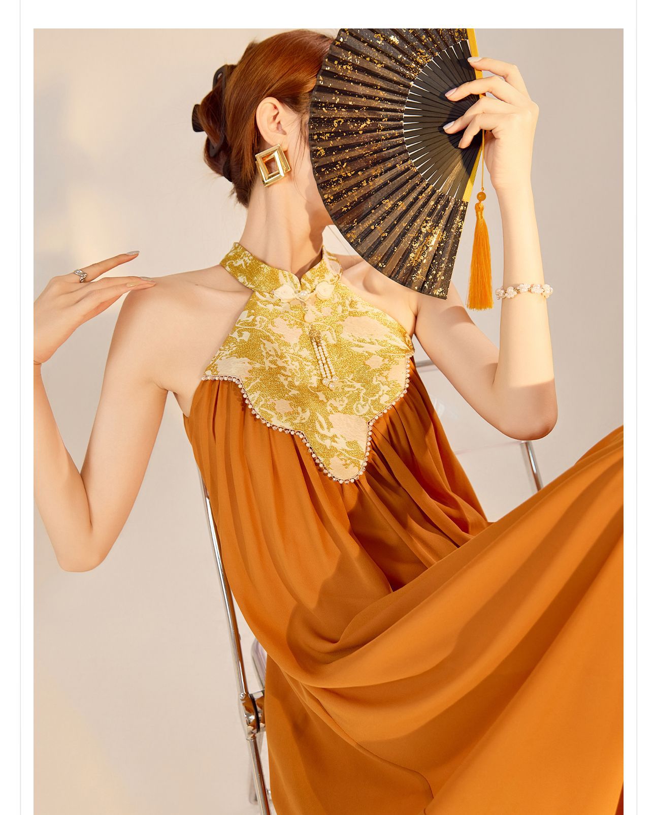 Váy dài cổ qipao thiết kế sang trọng mùa xuân hè — Màu cam, Màu mơ chi tiết 5