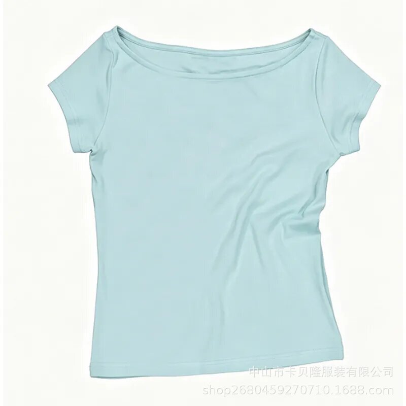 Millennial Sweet Girl Light Blue-Green Boat Neck Short Sleeve Top with Cross Lace Back Detail, Slim Fit Inner Layering Shirt